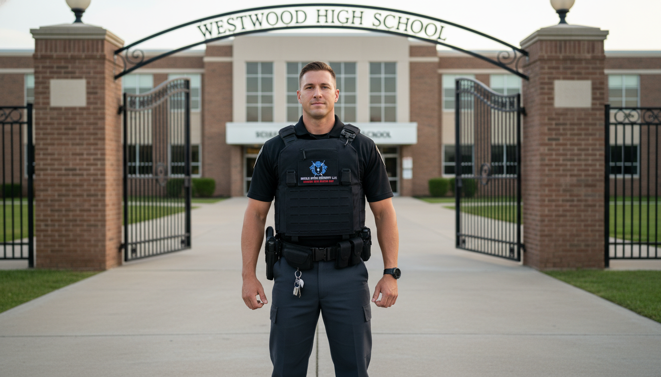 A uniformed security officer supporting access and guest flow at an education-sector event.