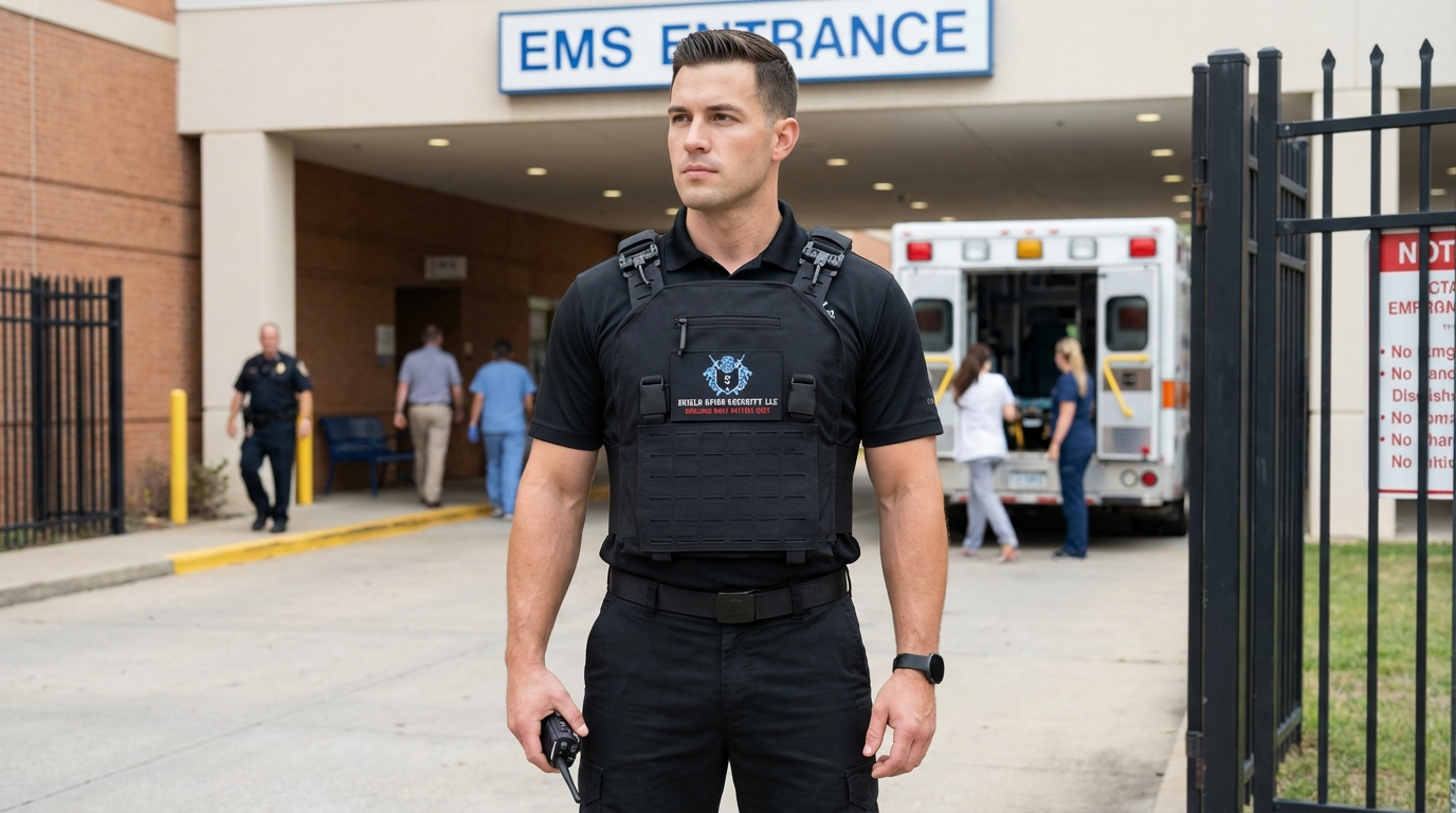 A uniformed security officer providing a calm, professional presence in a medical facility reception area.