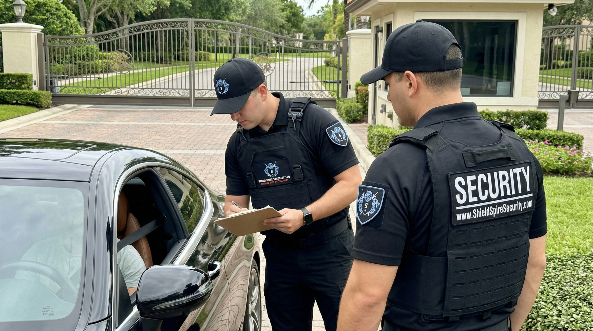 A uniformed security officer on patrol at the entrance of a residential community.