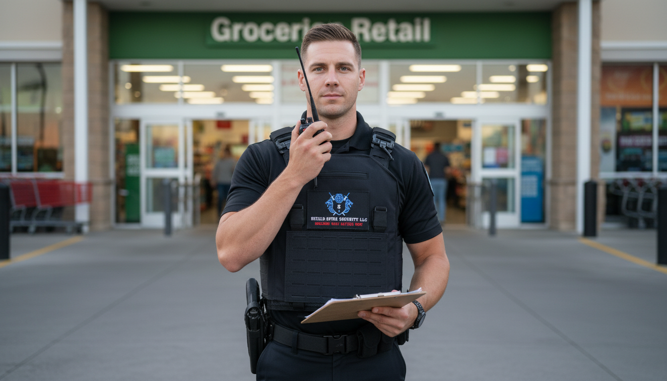 A uniformed security officer providing a professional presence in a retail commercial environment.