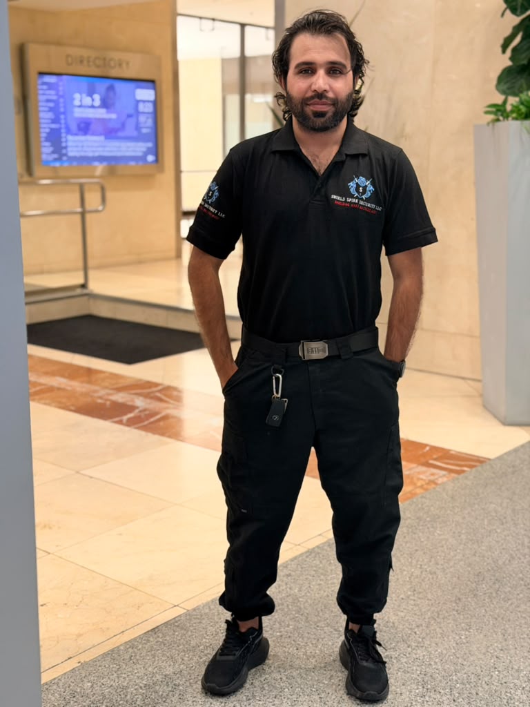 Shield Spire Security officer on post in uniform at the Downtown Austin technology event venue.