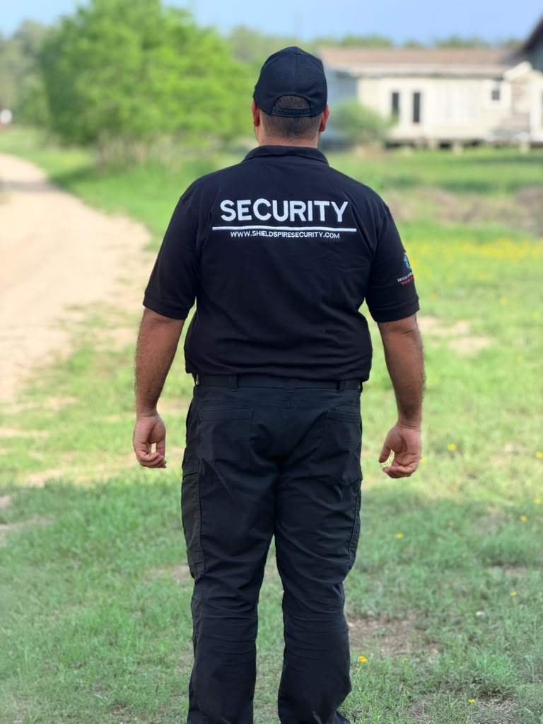 Uniformed officer on patrol, SECURITY branding reflects Shield Spire Security LLC's professional uniform standards.