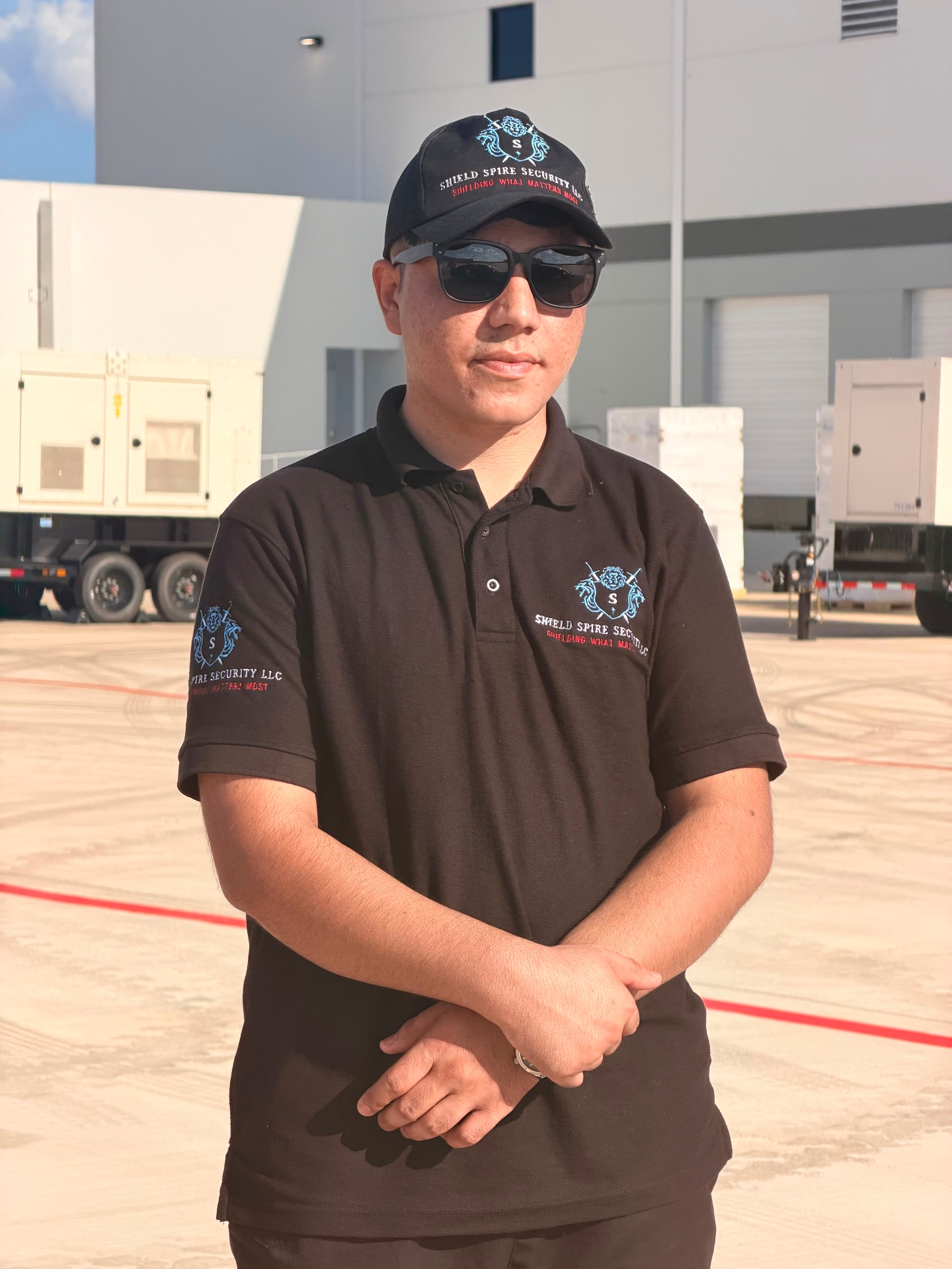 Shield Spire Security officer on post at the industrial facility — consistent uniform standards and professional appearance.