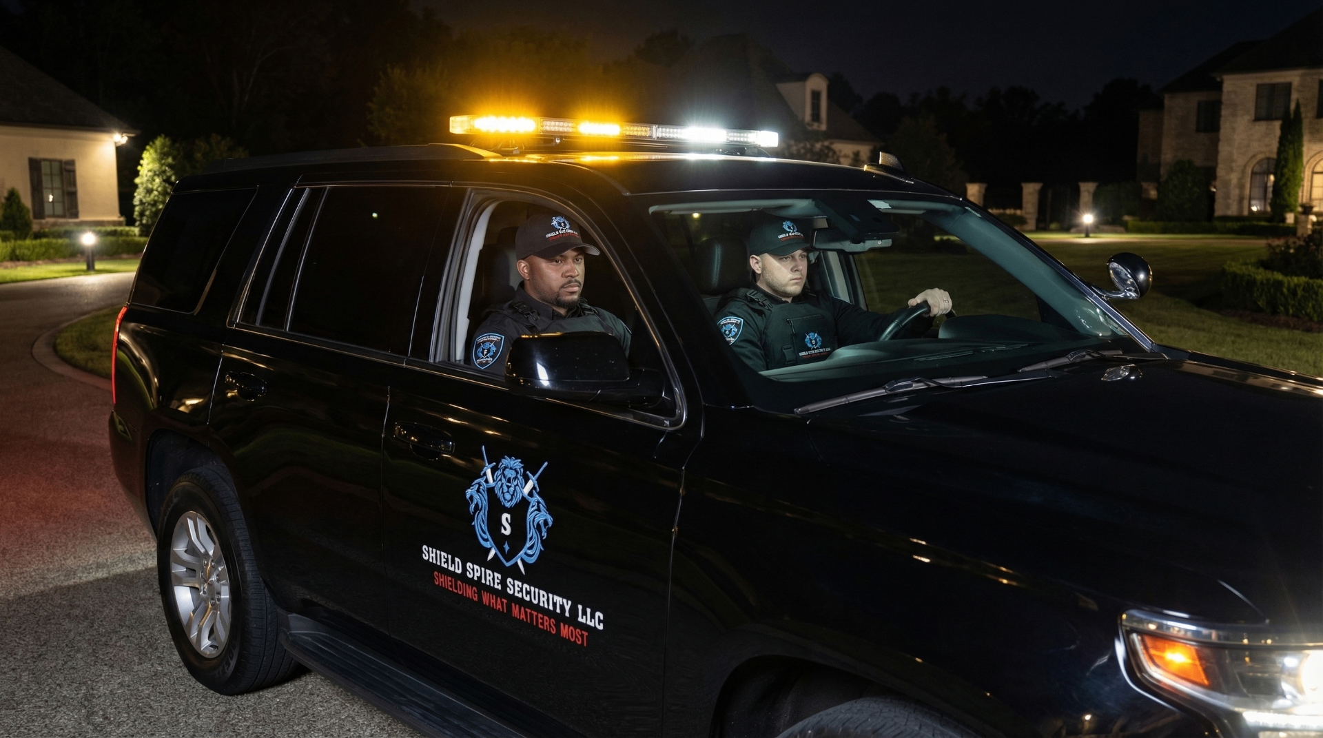 Shield Spire Security LLC officers staged in a marked patrol vehicle for a nighttime executive escort assignment.